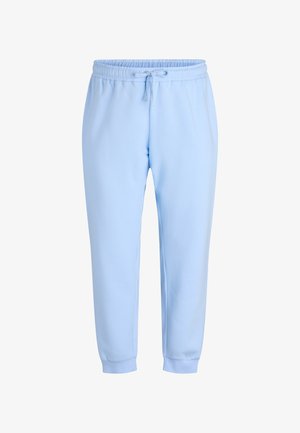 Pantaloni della tuta blu chiaro realizzati in tessuto morbido, con una fascia elastica in vita con coulisse, polsini affusolati e una texture liscia.