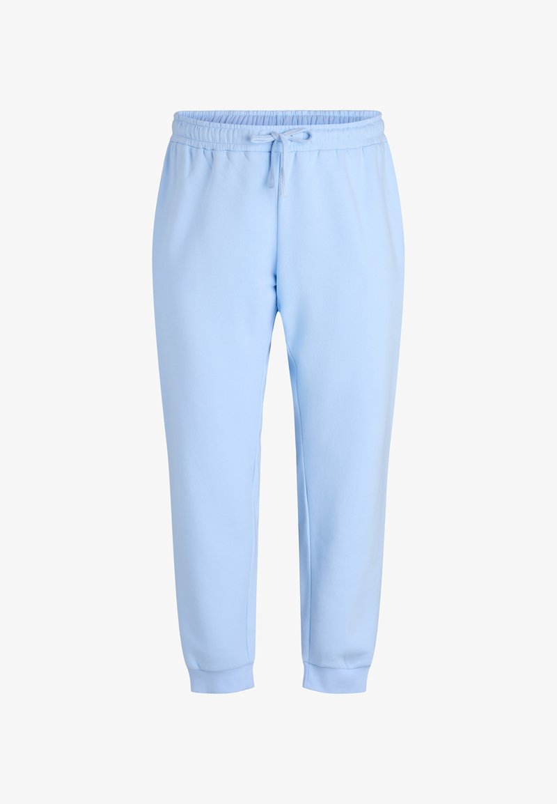 Pantalon de survêtement bleu clair en tissu doux, avec une ceinture élastique à cordon de serrage, des poignets resserrés et une texture lisse.