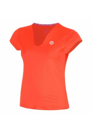 Hellorange kurzärmeliges Sportshirt mit V-Ausschnitt, kleinem weißem rundem Logo oben links auf der Brust und tailliertem Schnitt.