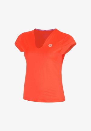 Fel oranje, korte mouw, V-hals sportshirt met klein wit rond logo op de bovenste linkerborst en een aansluitende pasvorm.