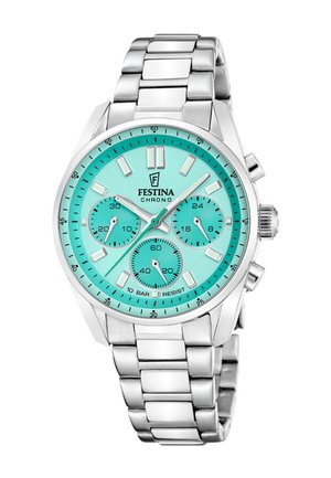 Srebrny zegarek chronograf Festina z turkusową tarczą, trzema podwskazówkami oraz metalową bransoletą na linki, wskazujący godzinę 12:10:07.