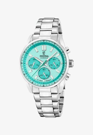 Srebrna ura Festina kronograf s turkiznim številčnico, tremi podštevilčnicami in kovinsko zapestnico, ki prikazuje čas 12:10:07.