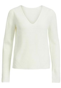 Suéter blanco de manga larga con escote en V, que presenta un patrón de tejido texturizado y un corte relajado. Sin cierres visibles ni adornos.