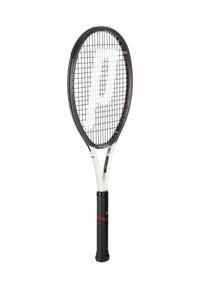 Raqueta de tenis en blanco y negro con empuñadura negra y una gran letra "P" en las cuerdas, aislada sobre un fondo blanco.
