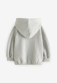 Szara bluza z kapturem o luźnym kroju, wykonana z miękkiego bawełnianego materiału, z prążkowanymi mankietami, zaokrąglonym dołem i dużym kapturem z tyłu.