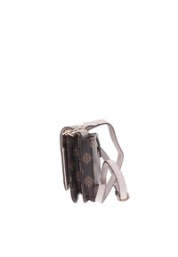 Borsa a tracolla in pelle grigia con hardware dorato, caratterizzata da un design a motivi neri. Diverse tasche e cinturino regolabile.