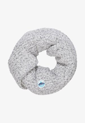 Écharpe infinity en maille épaisse gris clair avec une texture douce et une petite étiquette ronde bleue de la marque "Superdry".