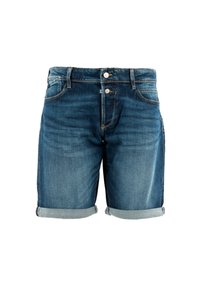 Pantalones cortos de mezclilla en azul oscuro con un ligero desgaste. Puños enrollados, diseño de cinco bolsillos, cierre con botón metálico y cremallera, y detalles de costura en contraste.