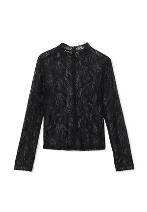 Zwarte kant lange mouwen blouse met een ronde kraag, knoopsluiting en gestructureerde bloemmotieven. Heeft mouwuiteinden en onderkant afgewerkt met kant.