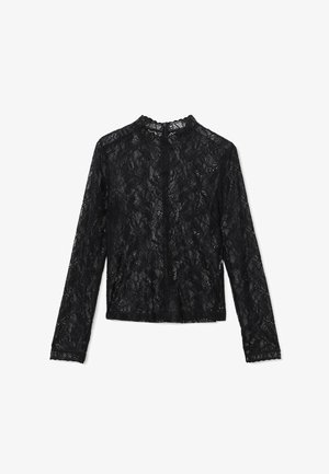 Zwarte kant lange mouwen blouse met een ronde kraag, knoopsluiting en gestructureerde bloemmotieven. Heeft mouwuiteinden en onderkant afgewerkt met kant.