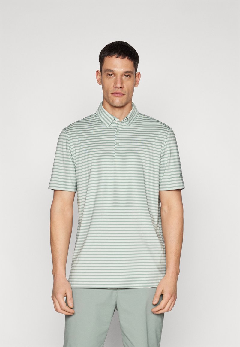 Πολυτελής πολο μπλούζα σε ανοιχτό πράσινο με οριζόντιες ρίγες; διαθέτει γιακά και τρεις κουμπότρυπες; ομαλή υφή υφάσματος.