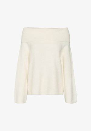 Pull crème dénudé d'épaules fabriqué en tissu doux et texturé avec un col côtelé. Doté de manches longues et d'une coupe décontractée.