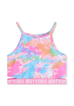 Top corto multicolore realizzato in tessuto leggero. Presenta un motivo astratto con tonalità di rosa, blu, arancione e verde. La fascia elastica riporta la scritta "BEST VIBES."
