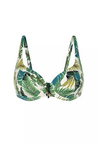 Górna część bikini w zielono-niebieski nadruk tropikalnych liści na białym tle, z miękkimi miseczkami, regulowanymi ramiączkami oraz ozdobnym węzłem na środku.