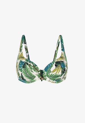 Górna część bikini w zielono-niebieski nadruk tropikalnych liści na białym tle, z miękkimi miseczkami, regulowanymi ramiączkami oraz ozdobnym węzłem na środku.
