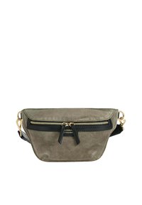 Sac banane en toile vert olive avec des accents en cuir noir. Comprend une poche avant zippée et un matériel en métal doré. Design compact et structuré.