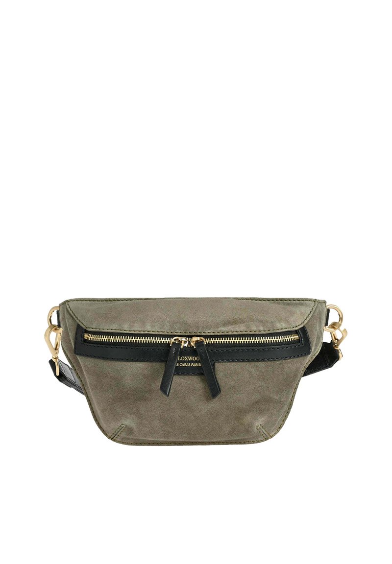 Sac banane en toile vert olive avec des accents en cuir noir. Comprend une poche avant zippée et un matériel en métal doré. Design compact et structuré.