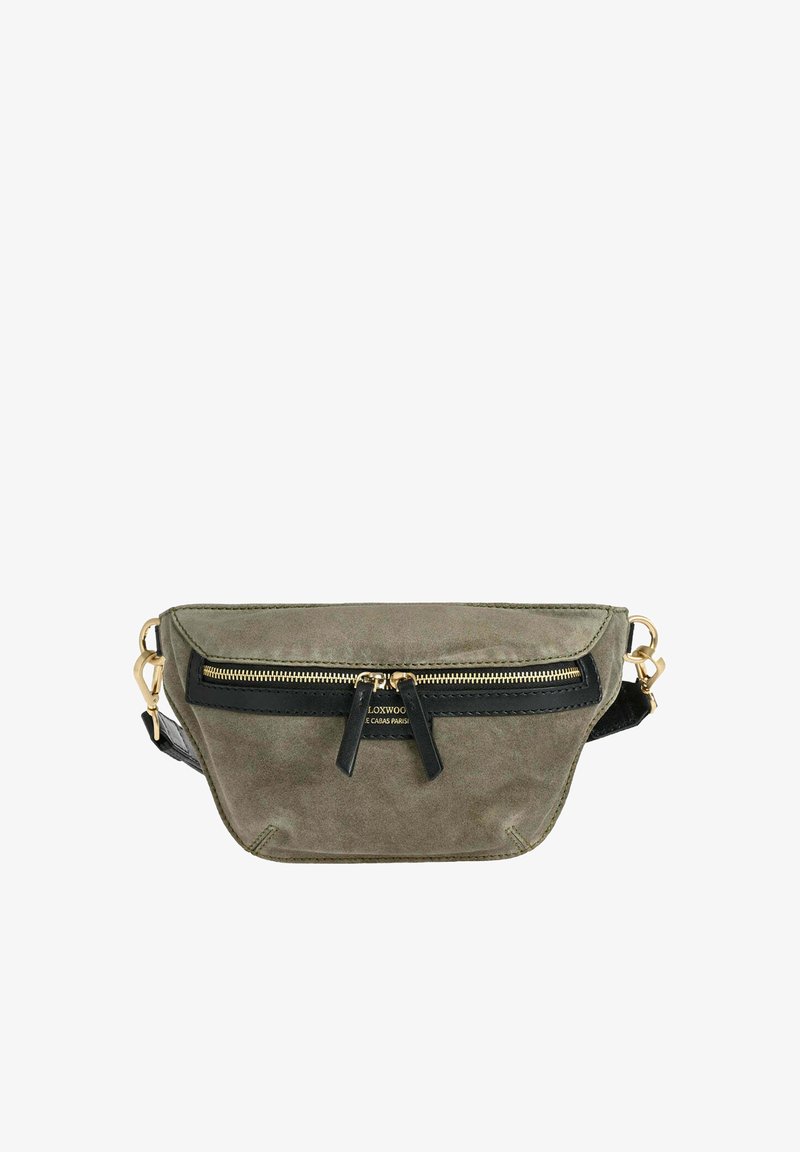 Sac banane en toile vert olive avec des accents en cuir noir. Comprend une poche avant zippée et un matériel en métal doré. Design compact et structuré.