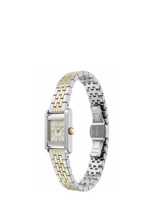 Silber- und goldfarbene rechteckige Armbanduhr mit weißem Zifferblatt, goldenen römischen Ziffern und einem Metallgliederarmband mit Faltschließe.