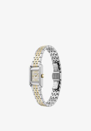 Silber- und goldfarbene rechteckige Armbanduhr mit weißem Zifferblatt, goldenen römischen Ziffern und einem Metallgliederarmband mit Faltschließe.