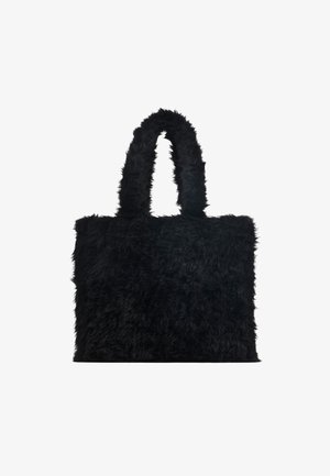 Black rectangular tote bag with fuzzy texture and two wide, fuzzy handles against white background.