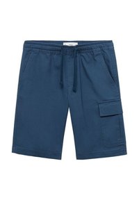 Marinblå cargoshorts i bomullsmix, med elastisk midja, dragsko, sidofickor och en ficka med lappar på benet.