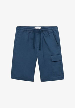 Shorts cargo bleu marine en tissu mélangé coton, avec une taille élastique, un cordon de serrage, des poches latérales et une poche plaquée sur la jambe.