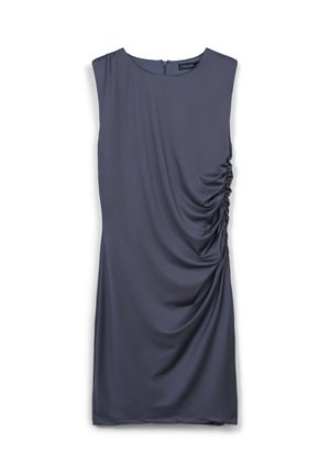 Abito senza maniche di colore grigio scuro con scollatura rotonda. Presenta ruches laterali e una cerniera nascosta sul retro. Tessuto morbido e elasticizzato.