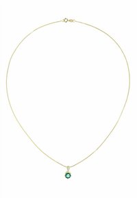 Auksinė grandinėlė su žalio akmens pakabuku, lašo formos, su mažais skaidrių akmenų akcentais prie kabliuko.