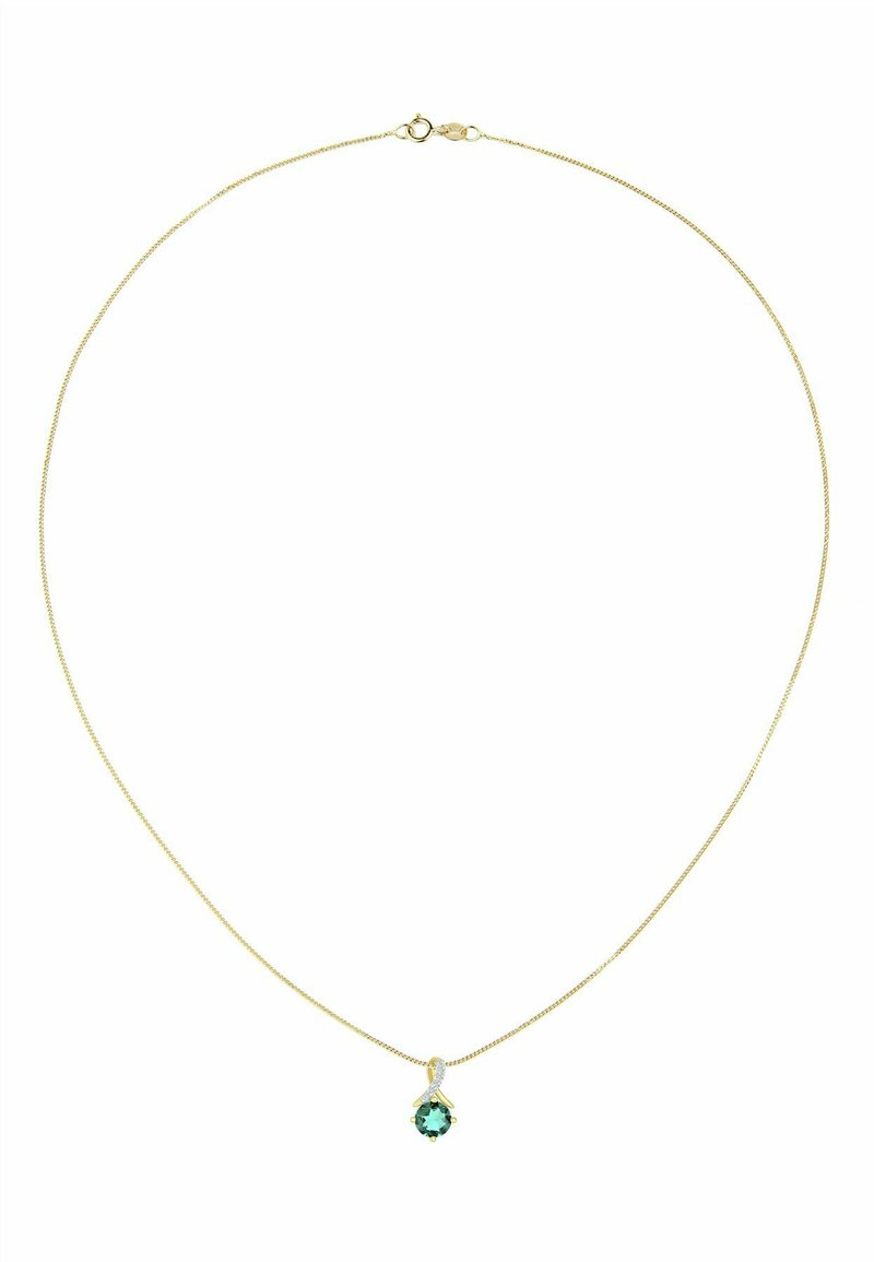 Auksinė grandinėlė su žalio akmens pakabuku, lašo formos, su mažais skaidrių akmenų akcentais prie kabliuko.