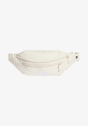 Sac banane en tissu couleur crème avec deux compartiments zippés et une sangle réglable, avec un logo discret Adidas trefoil à l'avant.