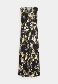 Blommig maxiklänning i svart med gula och vita blommor, ärmlös design och knutdetalj i midjan för extra textur.