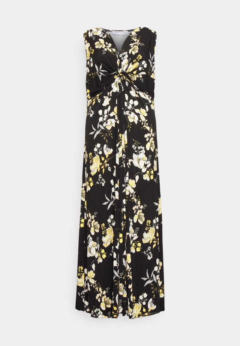 Floral maxi dress in black featuring yellow and white blooms, sleeveless design, and knotted detail at the waist for added texture.