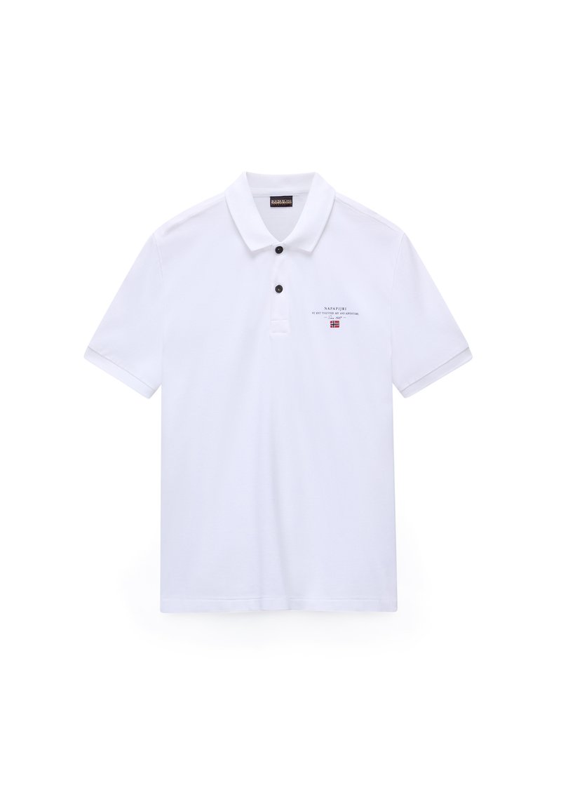 Polo blanc en coton avec un col classique, deux boutons noirs et un petit logo imprimé sur la poitrine gauche. Manches courtes.