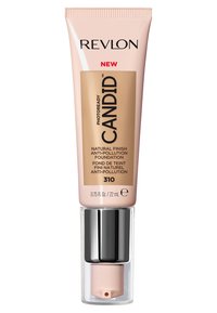 Fond de teint Revlon Photoready Candid en beige clair, tube de 0,75 fl. oz. avec une forme incurvée, pompe noire et argentée, et finition mate.
