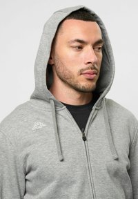 Felpa grigia con zip realizzata in tessuto morbido, dotata di cappuccio, lacci e un piccolo logo sul lato sinistro del petto. Texture liscia e vestibilità comoda.