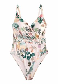 Ein einteiliger Badeanzug mit rosa Hintergrund, der bunte Pflanzenmuster zeigt, ein V-Ausschnitt-Design hat und mit einem geflochtenen Bunddetail versehen ist.
