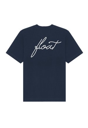 Camiseta de algodón azul marino con mangas cortas y escote redondo. "float" está impreso en letras cursivas blancas en la parte posterior.