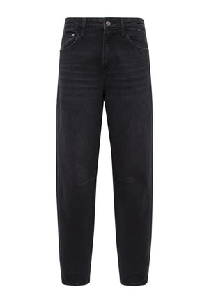 Black denim jeans with a relaxed fit, featuring a classic five-pocket design and subtle fading on the legs. Metal button and zip closure.