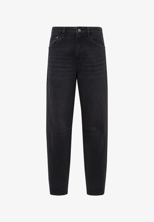 Schwarze Jeans aus Denim mit lockerer Passform, ausgestattet mit einem klassischen Fünf-Taschen-Design und dezentem Verblassen an den Beinen. Metallknopf- und Reißverschluss.