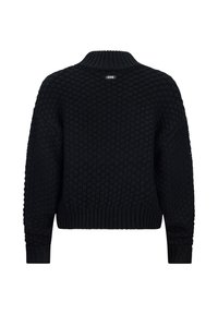 Schwarzer Strickpullover mit einem strukturierten, blasenförmigen Muster, geripptem Kragen, Bündchen und Saum. Ein Etikett mit der Aufschrift "Retour" befindet sich auf der Rückseite.