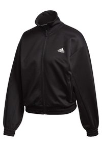 Black zip-up jacket made from smooth fabric. Features high collar, elastic cuffs, and waistband. Includes an Adidas logo on the front.