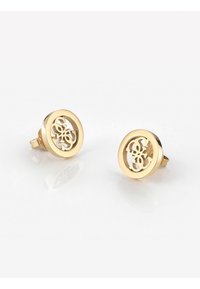 Gouden ronde stud oorbellen met uitgesneden logo ontwerp. Gladde afwerking met een gepolijste accent, stevig bevestigd met een vlinderslot.