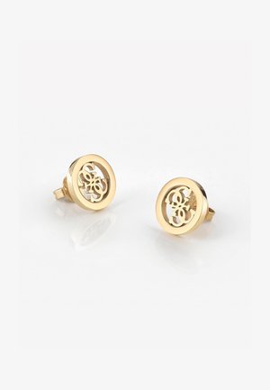 Gouden ronde stud oorbellen met uitgesneden logo ontwerp. Gladde afwerking met een gepolijste accent, stevig bevestigd met een vlinderslot.
