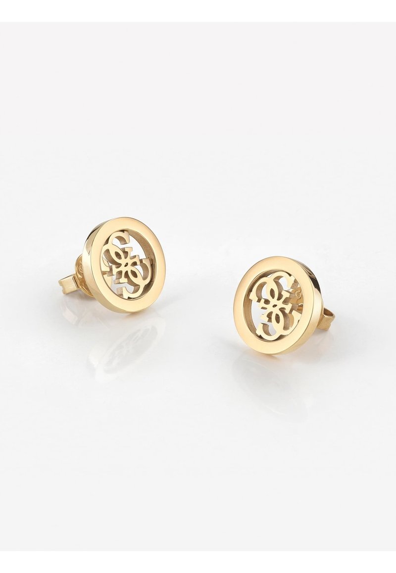 Gouden ronde stud oorbellen met uitgesneden logo ontwerp. Gladde afwerking met een gepolijste accent, stevig bevestigd met een vlinderslot.
