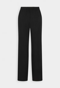 Pantalon noir à jambes droites avec taille élastique, sans poches visibles ni motifs, présenté sur un fond blanc uni.