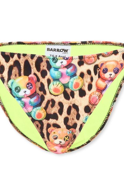 Ropa interior infantil con lados en amarillo neón y centro de estampado de leopardo que presenta ositos de peluche coloridos con ojos de botón.