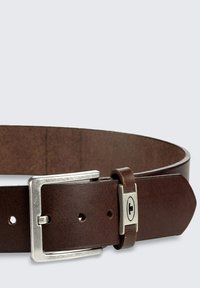 Brown leather belt featuring a silver metal buckle. The design includes a loop for adjusting and various belt holes along the length.
