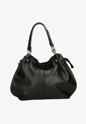 Zwart leren handtas met een zachte, afgeronde silhouet. Voorzien van een enkele riem, zilveren beslag en een ritssluiting. Gestructureerde afwerking.