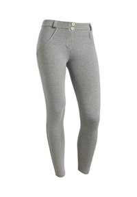 Leggings grigi realizzati in materiale elasticizzato con un design aderente, dotati di una vita con due bottoni e tasche laterali.